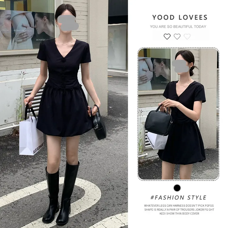 法式赫本风气质黑色连衣裙子女夏季2025新款小个子收腰显瘦花苞裙