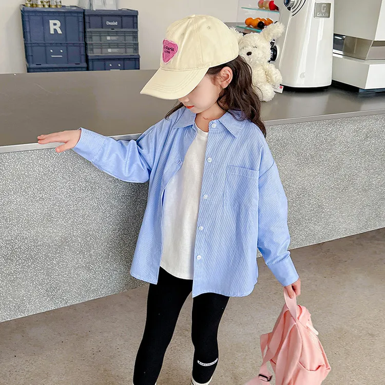蓝色条纹中长款字母衬衫春秋长袖儿童洋气休闲小童宝宝牛仔