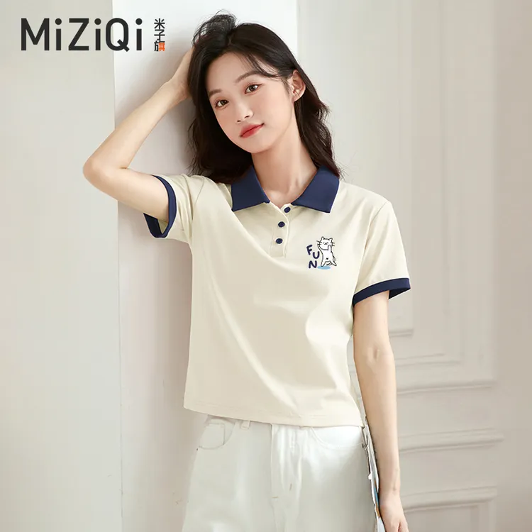 米子旗短款polo衫女翻领短袖t恤女夏季2025年新款超火小个子上衣