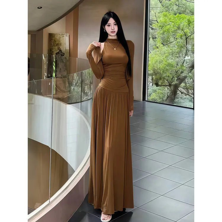 复古风半高领无袖内搭上衣长袖开衫女2026秋季新款高腰长裙三件套