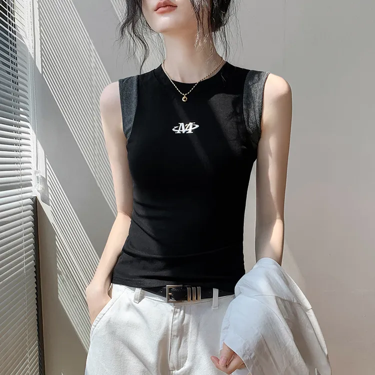 歌倍尚字母印花拼色无袖背心女夏季修身显瘦外穿辣妹小众别致上衣
