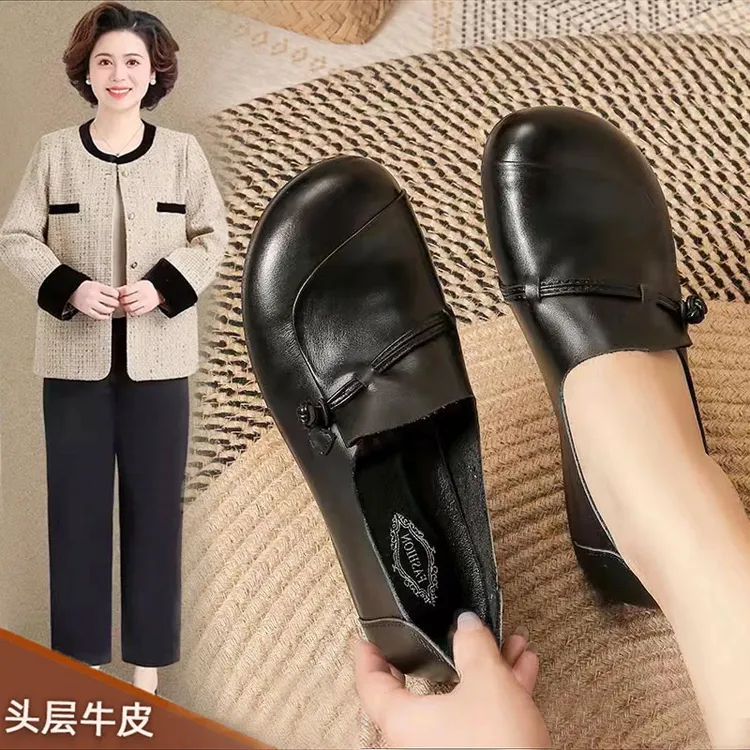 假一赔四【头层牛皮】妈妈鞋春秋款中老年舒适单鞋真皮老人平底皮鞋