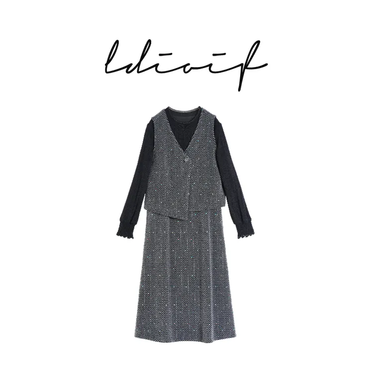 定制水波纹织绒彩点提花/重磅法兰绒 马甲两件套连衣裙#DTZ18912