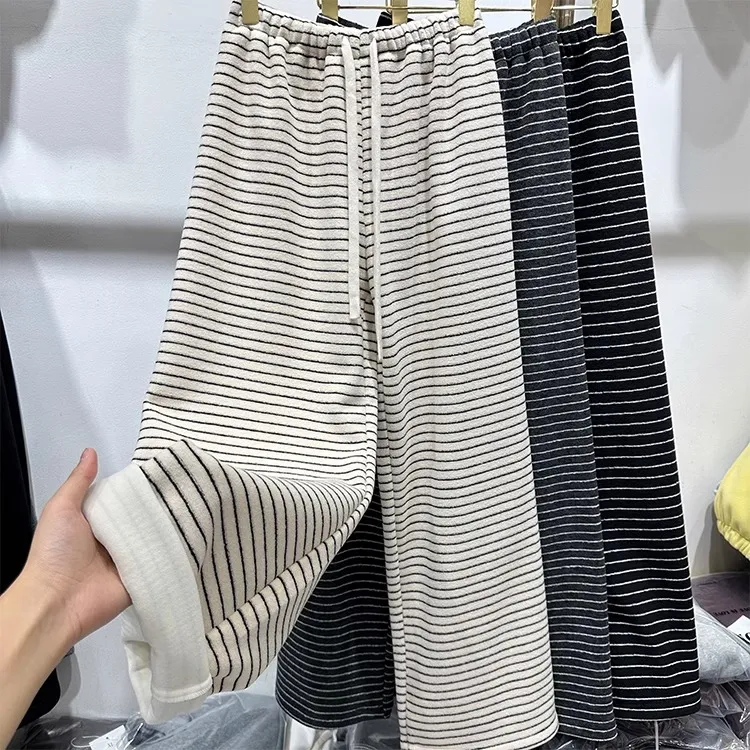 大码胖MM松紧腰黑白条纹抽绳休闲裤女冬季新款加绒加厚阔腿裤长裤