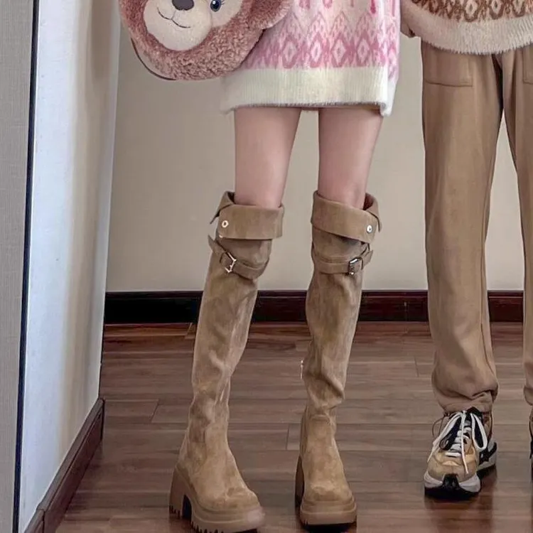 【JTG&SHOES 官方】美拉德高跟厚底百搭小码过膝长靴女卡其色两穿