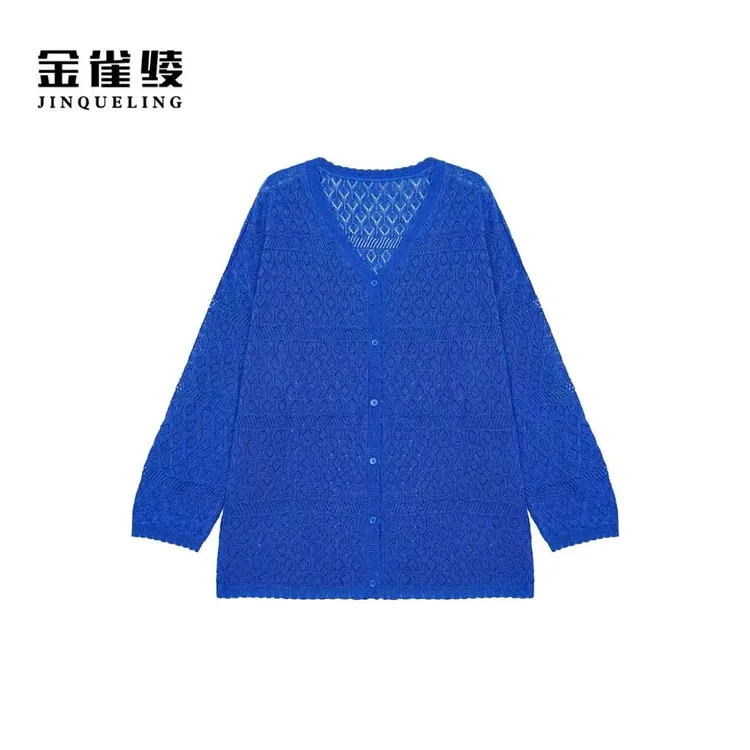 金雀绫【深海之吻】克莱因蓝镂空时尚加宽加大针织开衫SZBYJ044
