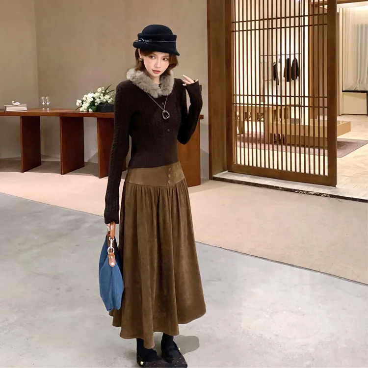 【芝士Cheese】罗勒傍晚 纯欲短款长袖毛领可拆卸毛衣