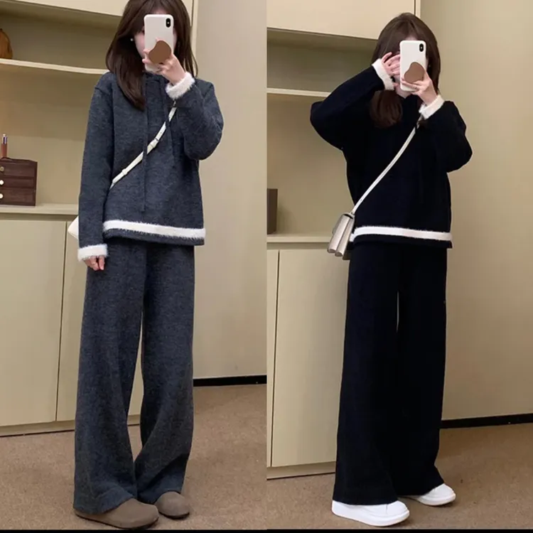 孕妇装韩版显瘦秋冬孕妇软糯时尚毛衣休闲款连帽裤腿裤时尚两件套