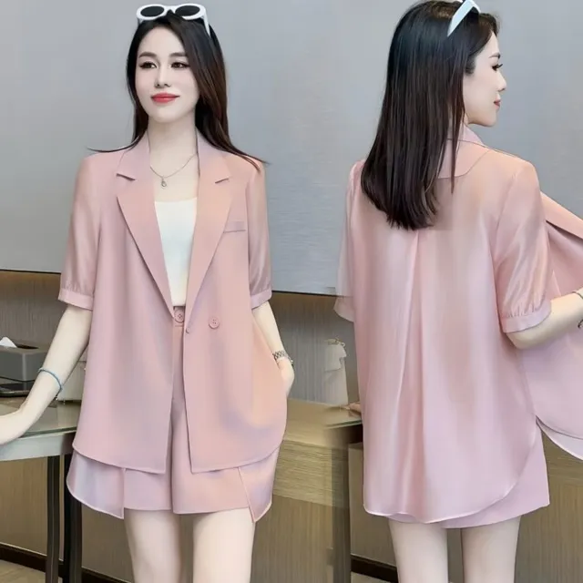 高级感薄款时尚西服套装女短袖小西装2025夏季新款冰丝短裤两件套