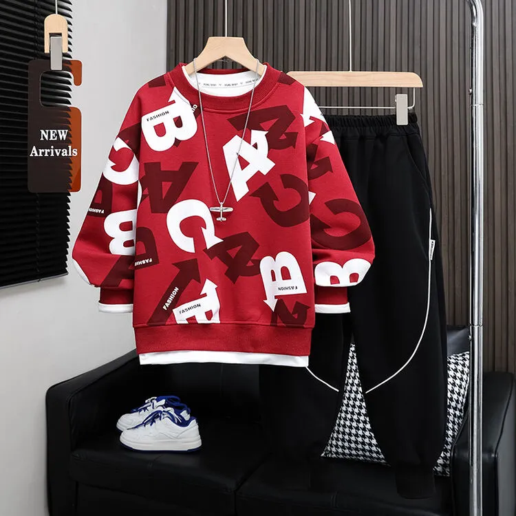 男童加绒套装2025新款中大童青少年秋冬运动卫衣假两件休闲洋气潮