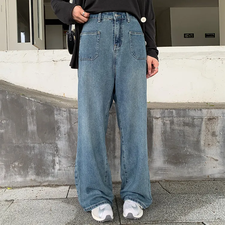 240斤高腰百搭蓝色直筒裤大码女装牛仔裤高腰显瘦阔腿长裤3366