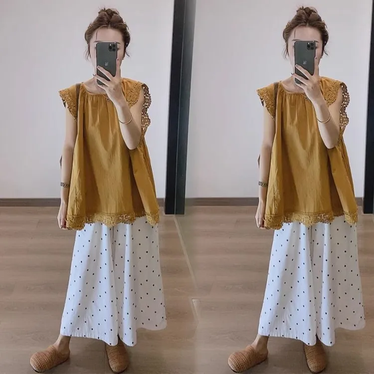 花边蕾丝无袖圆领宽松上衣波点阔腿裤女2025新款夏日穿搭一整套装