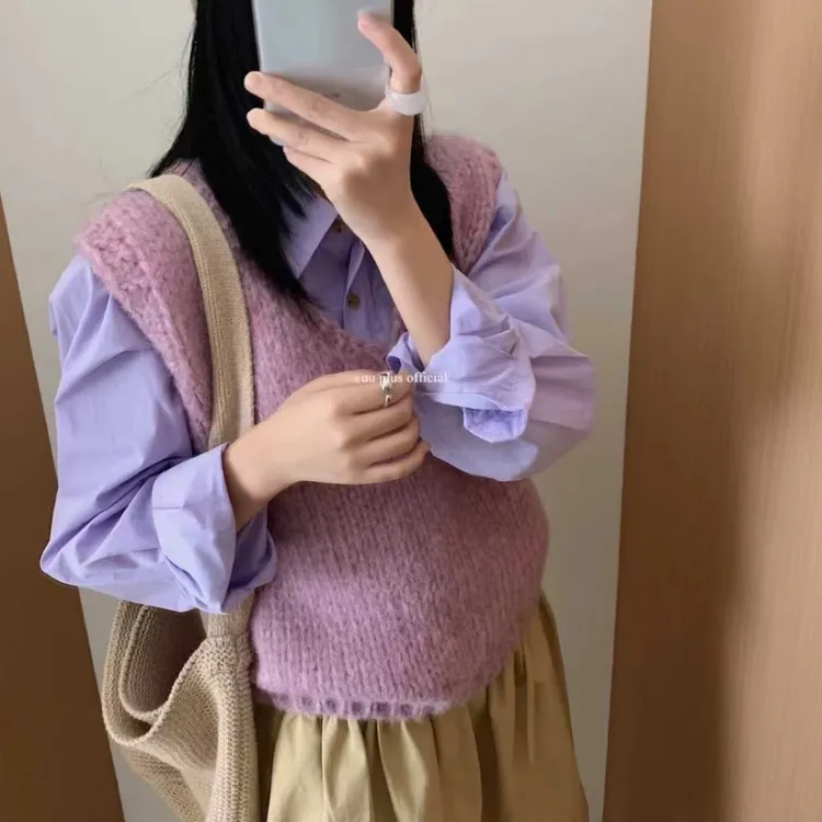 秋季新款粗棒针糖果色背心V领套头马甲针织衫外穿百搭学院风叠穿