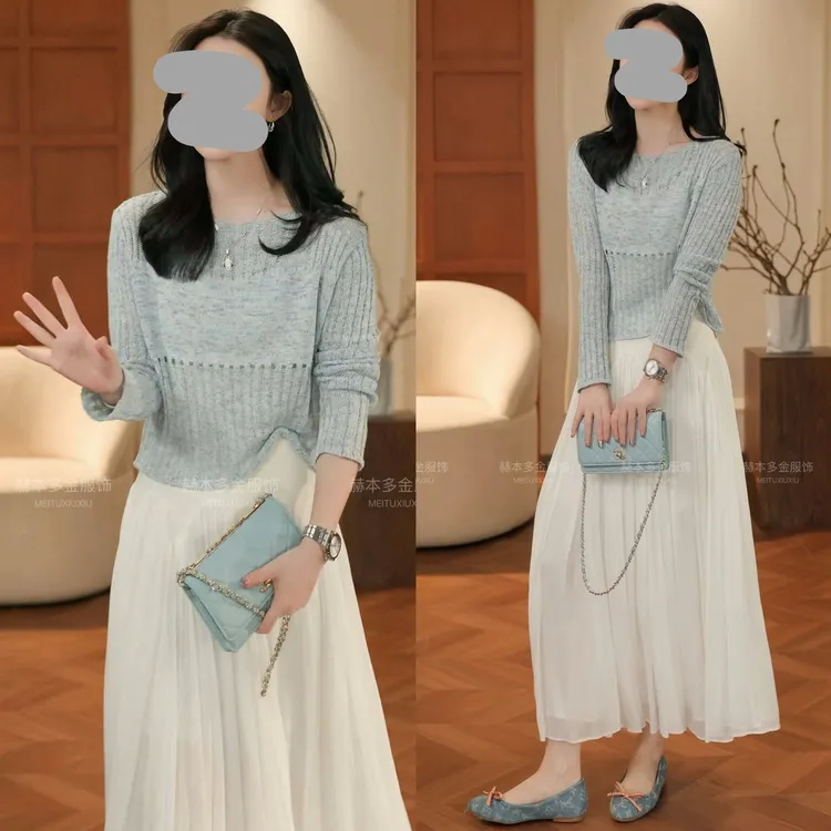 小众炸街高级感女装长袖防晒针织上衣百搭半身套装女温柔知性衣服