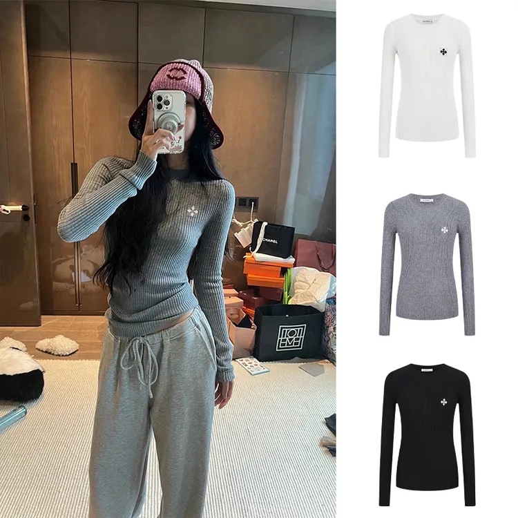 Moses Queen/魔西女王灰色粗坑条弹力针织打底衫十字提花内搭上衣