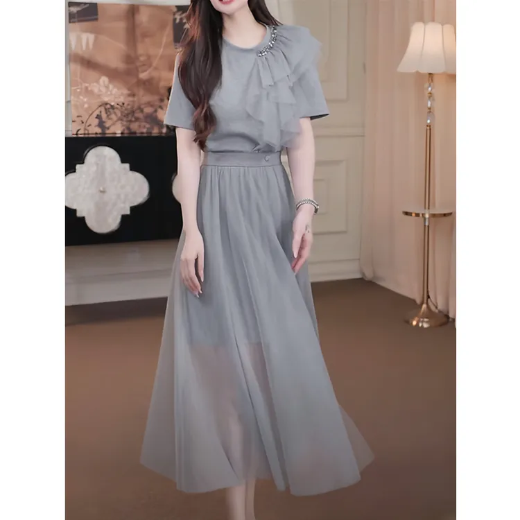 宁宁·维纳斯女神·夏季时尚洋气网纱气质显瘦两件套连衣裙-