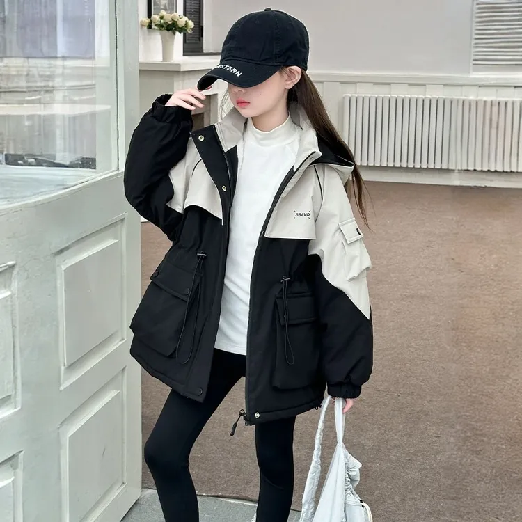 女童秋冬加绒加厚派克服2025款女大童冲锋衣儿童洋气韩版收腰外套