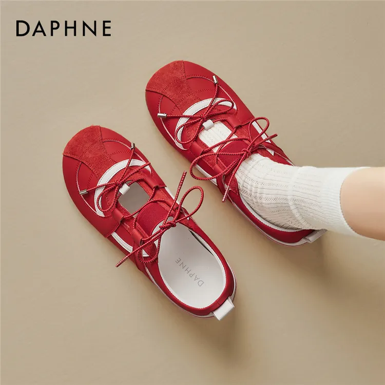 达芙妮红色德训鞋女款2026新款春季新年鞋平底运动玛丽珍鞋休闲鞋