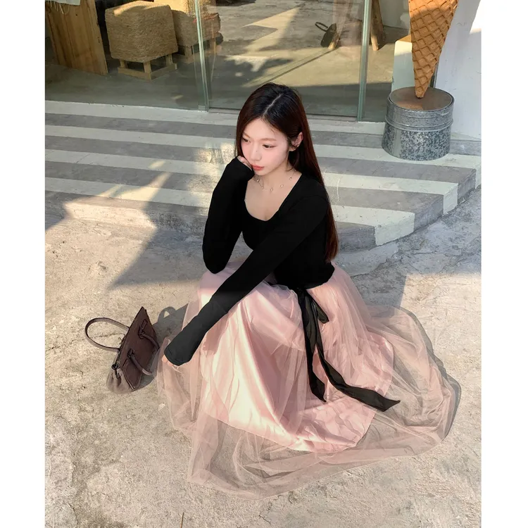 撞色连衣裙女冬显瘦坎肩长袖气质长裙C 9695#