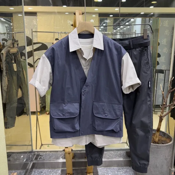 精梳全棉假两件衬衫 潮流百搭宽松日系个性撞色上衣衬衣