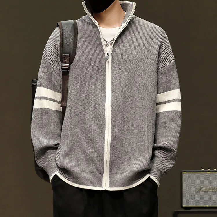 韩版双条纹简约慵懒毛衣针织开衫休闲百搭保暖情侣毛线春秋外套