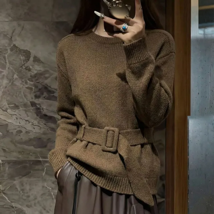 咖色套头毛衣女士秋冬慵懒高级感减龄内搭收腰系搭保暖针织衫上衣