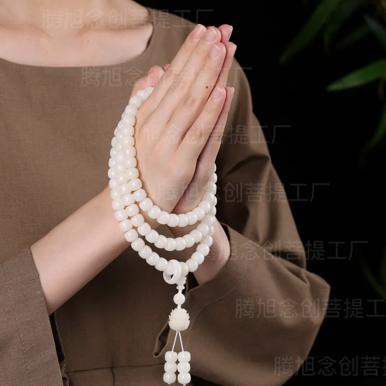 (静心)天然白玉菩提根男女生多圈手串脖挂108颗桶珠莲花念珠