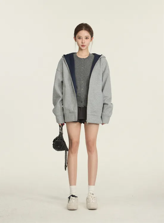 【CHUN ZI】空气层复合灰色拼色连帽卫衣基础通勤显瘦上衣外套女