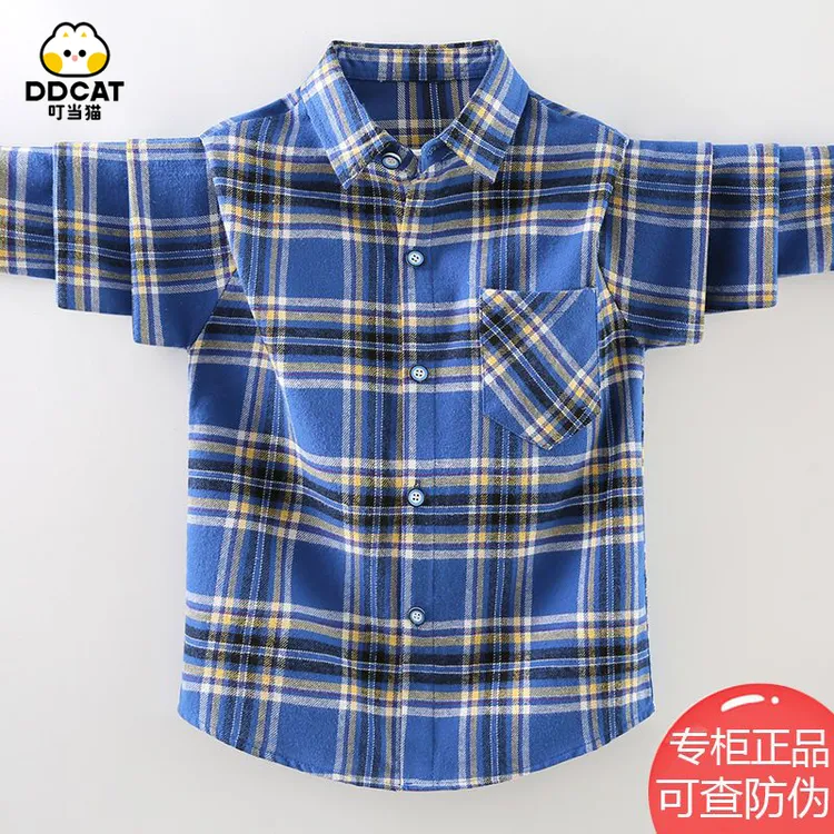 叮当猫男童衬衫长袖春秋装儿童学生纯棉格子帅气男孩春装衬衣春秋