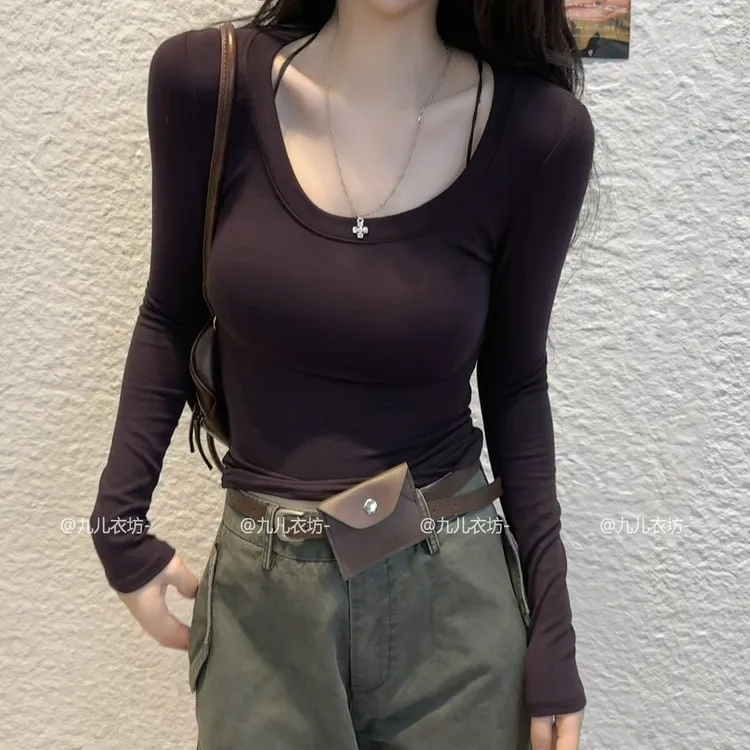 2025新款【磨毛加绒款】U领长袖打底衫纯欲辣妹纯色上衣女1035
