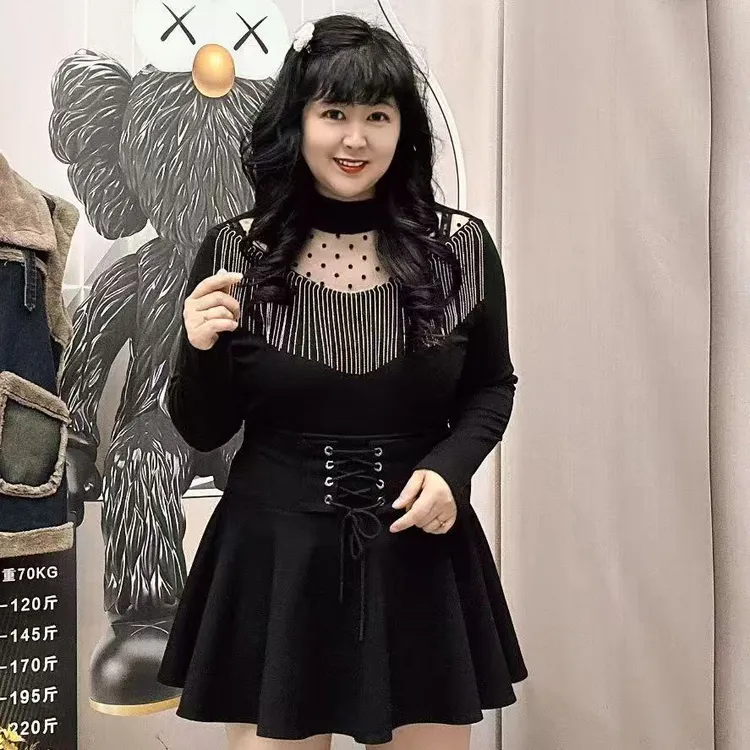 岚岚家大码秋冬女装胖MM流苏显瘦性感波点网纱时尚女神衫上衣1219