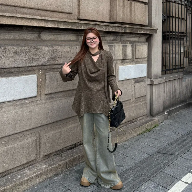 维维&南岛风特大码女装胖mm减龄针织珠片荡领挂脖小衫上衣ZWW1017