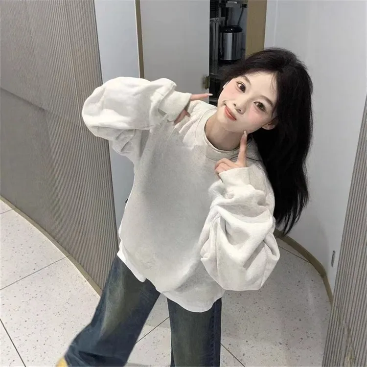 圆领甜妹长袖女装卫衣外套女2024春秋冬季新款韩版内搭小个子上衣