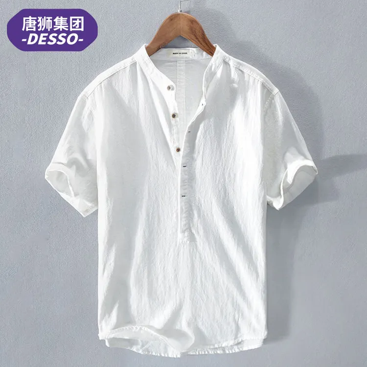 唐狮集团DESSO日系复古褶皱短袖衬衫男套头夏季休闲薄款半袖衬衣