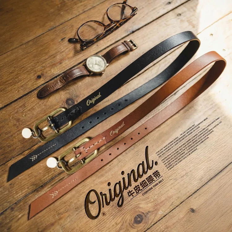 马登棕色复古植鞣头层纯正真牛皮带条牛仔裤细小腰带女士腰间配饰