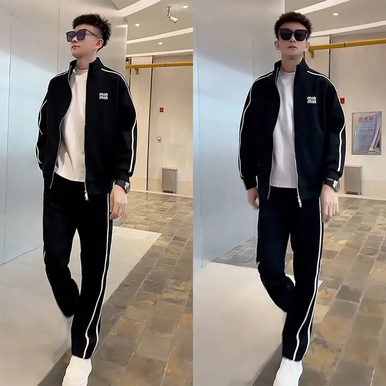 秋冬季新款休闲套装男士高级感显瘦拼接立领外套直筒长裤两件套男