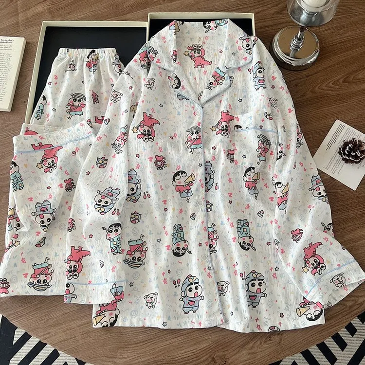 秋季二次元卡通蜡笔小新睡衣女款肌理感云朵棉家居服套装可外穿