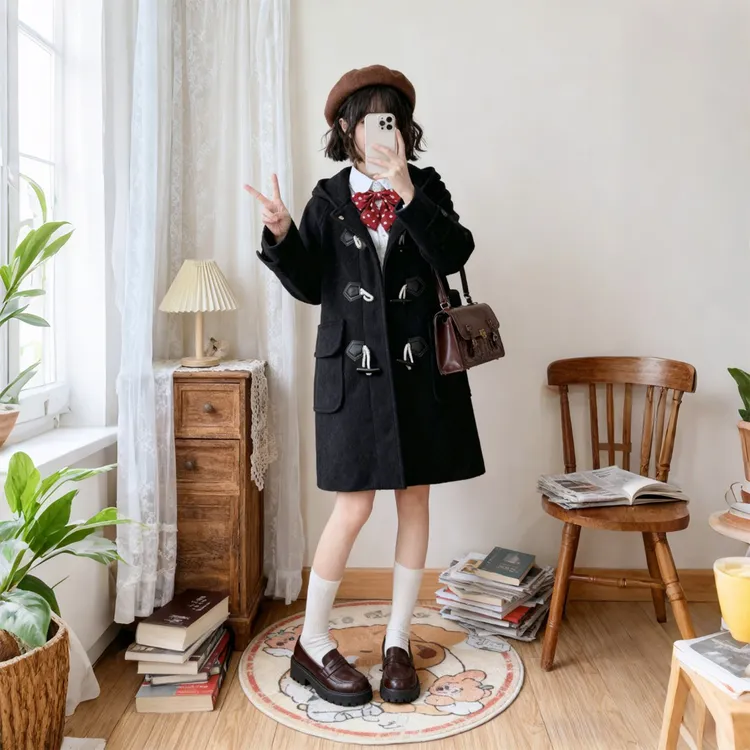 原创jk牛角扣毛呢大衣日系学院风校供感秋冬连帽中长款保暖外套