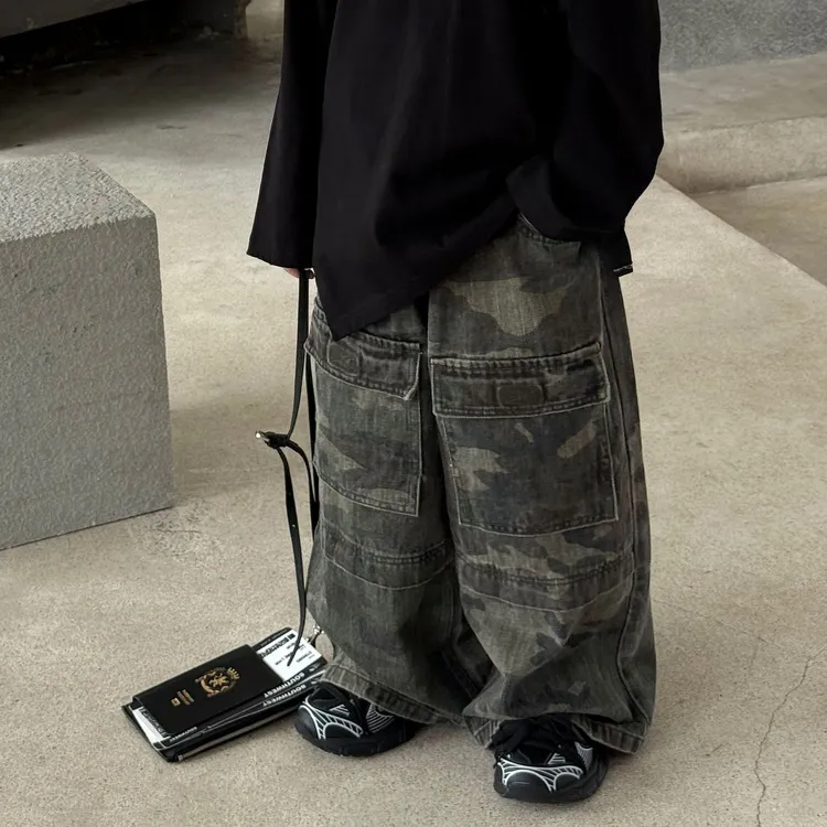 男童春秋款牛仔裤秋季新款儿童中大童嘻哈复古美式迷彩阔腿裤长裤