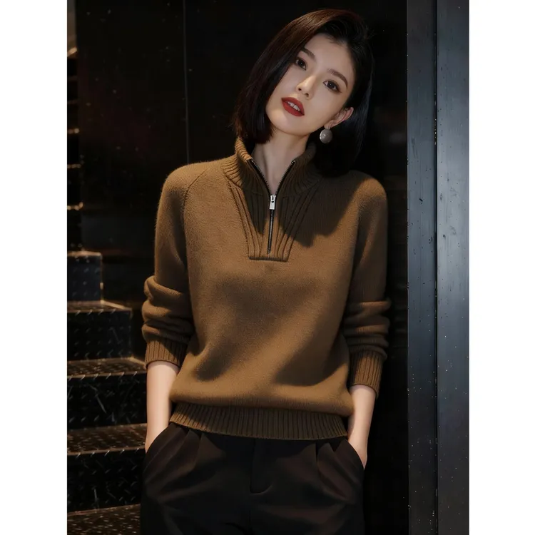 2025冬季新款时尚半拉链翻领纯色针织衫毛衣通勤风显瘦长袖上衣潮