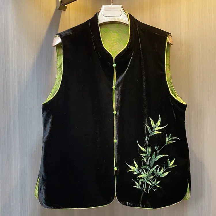 新款阔太太秋冬两面穿百搭马夹立领刺绣中老年马甲时尚时髦妈妈装