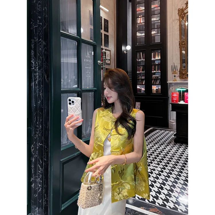 提花常规款透气工字型圆领女马夹中国风小众复古女装无袖蕾丝