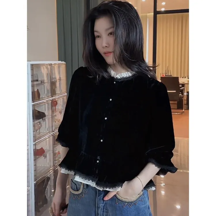 法式蕾丝拼接丝绒长袖衬衫女款2025新款秋季高级洋气独特漂亮上衣