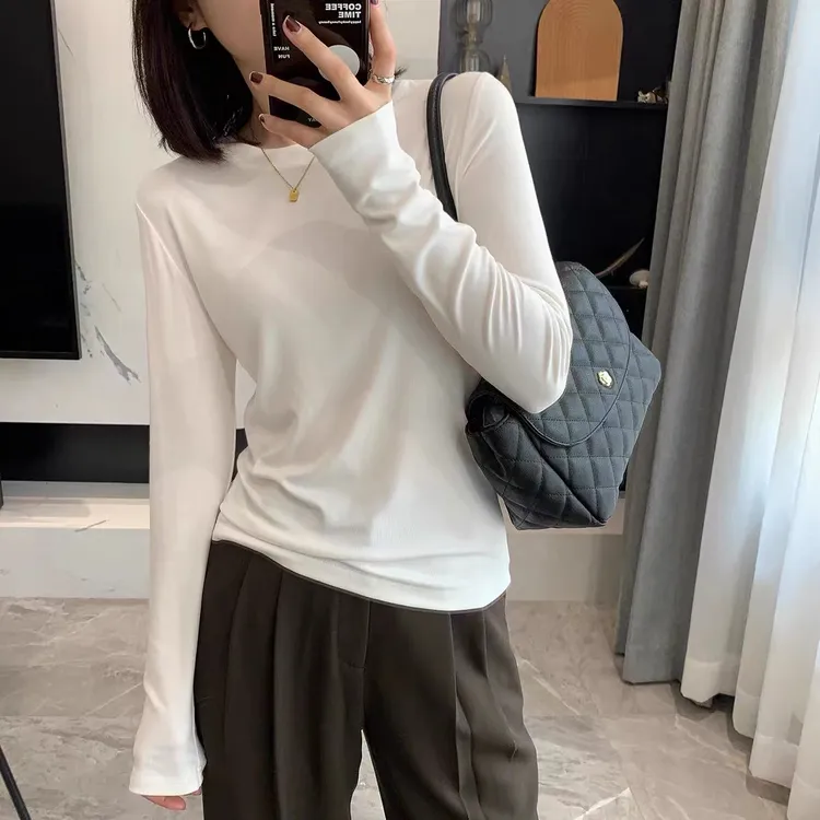春秋新款白色长袖t恤修身打底衫女内搭早秋上衣洋气百搭圆领体恤