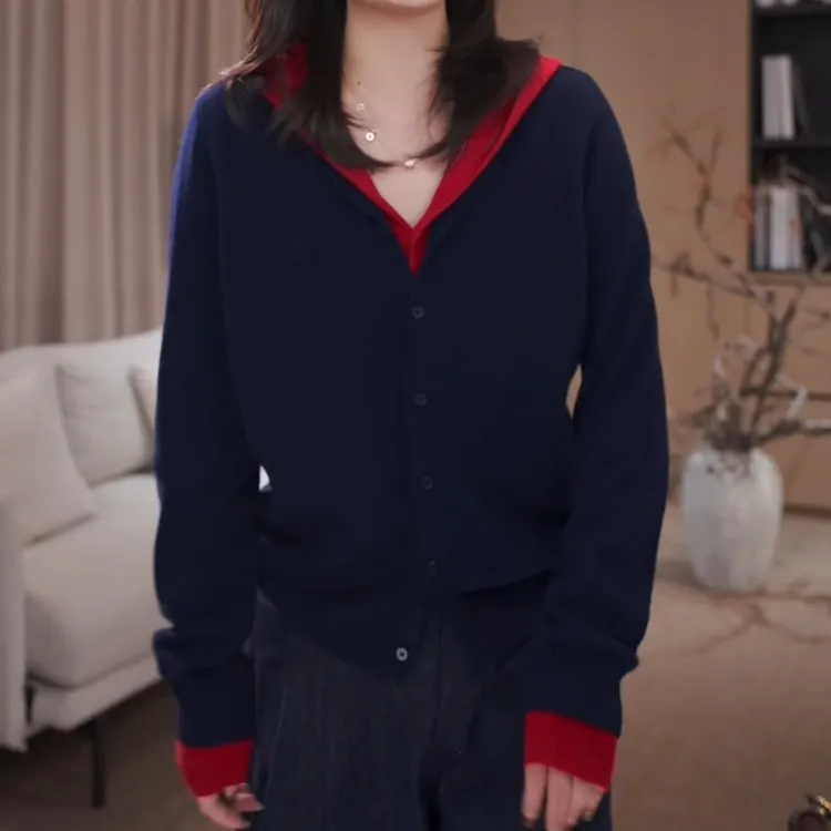 【焦糖松饼】2025新款琥珀流光风假两件撞色连帽针织衫LK2506210