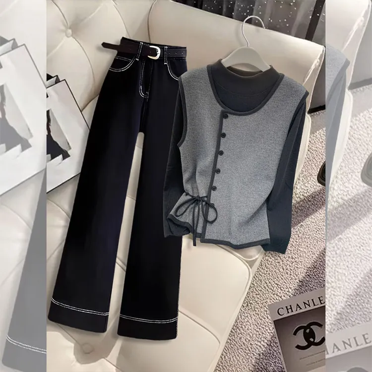 时尚百搭套装女秋冬新款针织毛衣高腰阔腿牛仔裤气质穿搭一整套装