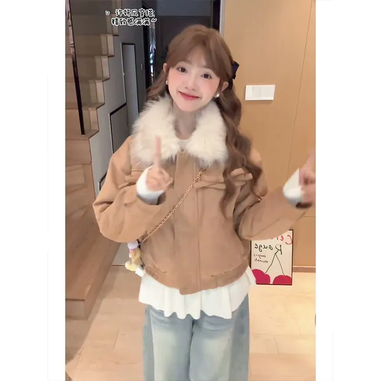 美拉德复古蝴蝶结毛领麂皮绒外套女冬季新款短款保暖棉服加厚上衣