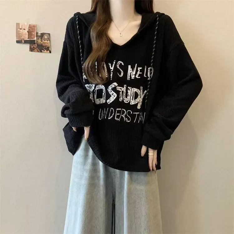 大码女装遮肚子慵懒风印花长袖卫衣女秋冬胖妹妹宽松显瘦连帽上衣