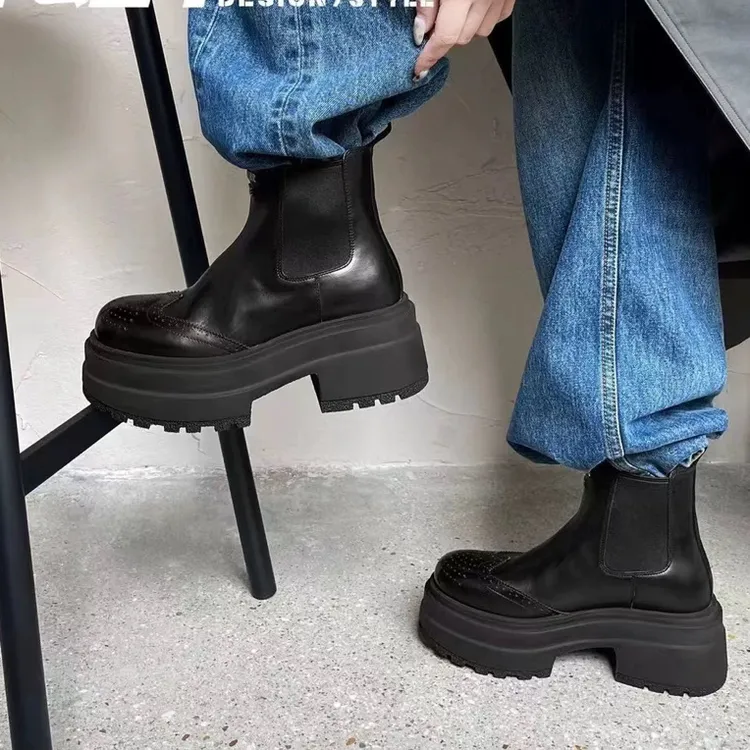 T31潮牌正品2025秋冬牛皮加绒厚底增高切尔西短靴时髦裸靴踝靴潮