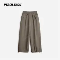『PEACHZHOU』洗水棉本布抽绳可调节裤脚宽松休闲松紧腰阔腿休闲裤